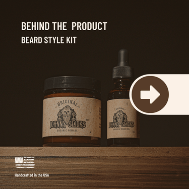 Two bottles of 'Johnny Slacks' beard care products on a wooden shelf with a dark background.