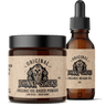 Jar and bottle of Johnny Slicks organic products on a white background