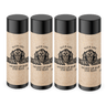 Four lip balm containers with black lids on a white background
