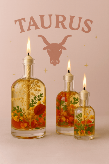 Three lit candles in glass bottles with floral designs on a pink background with 'TAURUS' text and zodiac sign.