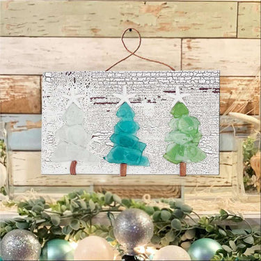 Three Mini Sea Glass Style Christmas Trees on Wood Plank Holiday Decor Salty Signs Designs Eclectic Treasures