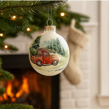 Vintage red truck holiday ornament with Special Delivery detail, hand-painted on frosted glass globe.
