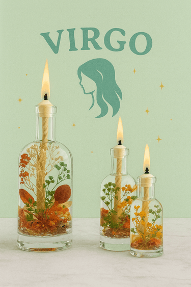 Three lit candles in glass bottles with floral elements on a light green background with 'Virgo' text.