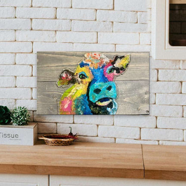 Whimsical Cow Sea Glass Colorful Art Painting on Distressed Wood Wall Art Salty Signs Designs Eclectic Treasures