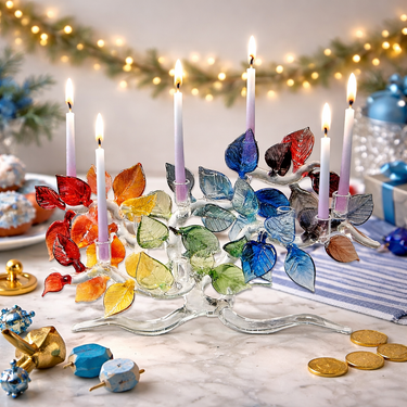 Wide Tree of Life Menorah with colorful glass leaves and lit candles on a festive background.