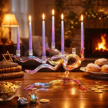 Colorful glass Menorah with lit candles on a table in a cozy room with a fireplace.