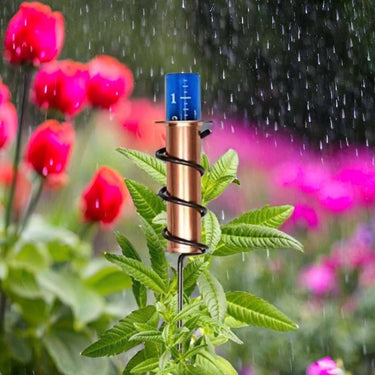 Copper rain gauge 24-inch outdoor garden weather instrument in a rainy garden

