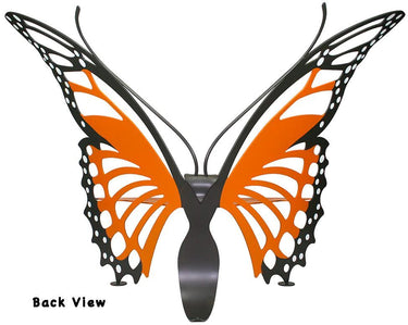 Back view of Cricket Forge Monarch butterfly bench showing wing design and seat, handcrafted steel outdoor garden bench