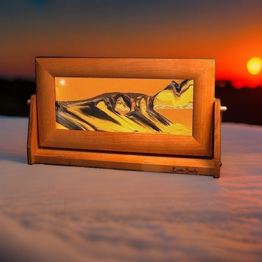 Sand Art Picture Orange In Med. Cherry Wood Frame on the beach at sunset  - Eclectic Treasures