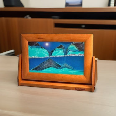 Sand art Picture Ocean Blue in Cherry Wood Frame Lg. Sitting on desk Moving Sand Art Picture Exotic Sands Eclectic Treasures